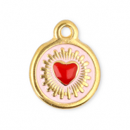 Breloques en acier Inox rond avec cœur Doré-rouge-rose clair
