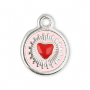 Breloques en acier Inox rond avec cœur Argenté-rouge-rose clair