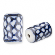 Perles en c&eacute;ramique tube Blanc cass&eacute;-bleu de Delft