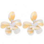 Boucles d'oreilles / puces résine tendance fleur Blanc ivoire-bleu caroline clair-orange clair