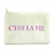Trousse en peluche "C'EST LA VIE" Blanc cassé-violet