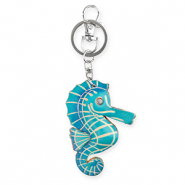 Porte-cl&eacute;s en cuir hippocampe Bleu cyan fonc&eacute;-beige sable