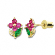 Métal TQ laiton boucles d'oreilles / puces d’oreilles fleur Doré-rose foncé-vert