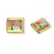 Apprêts en acier inox breloques pour bracelet italien "Be happy" Doré-multicolore