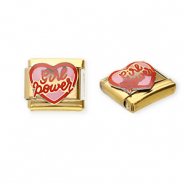 Apprêts en acier inox breloques pour bracelet italien cœur "Girl power" Doré-rose-rouge