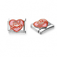Apprêts en acier inox breloques pour bracelet italien cœur "Girl power" Argenté-rose-rouge