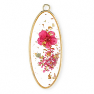 Pendentifs avec fleurs séchées oblong ovale Doré-rose cerise