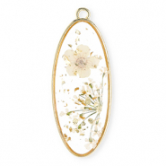 Pendentifs avec fleurs séchées oblong ovale Doré-blanc cassé