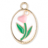 Breloques en métal ovale avec tulipe vec perle Doré-blanc-vert-rose clair