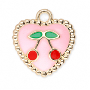 Breloques en métal coeur avec cerises Doré-rose clair-rouge-vert