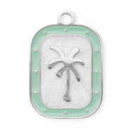 Breloques en acier Inox rectangle avec palmier Argenté-vert menthe-blanc