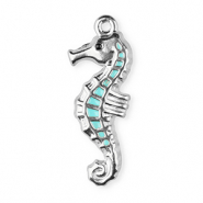 Breloques en acier Inox &eacute;maill&eacute;e hippocampe Argent&eacute;-bleu clair