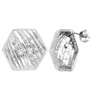 Apprêts en acier Inox boucles d'oreilles / puces d’oreilles hexagone avec anneau Argenté
