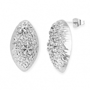 Apprêts en acier Inox boucles d'oreilles / puces d’oreilles ovale avec fleurs avec anneau Argenté