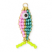 BY31® Breloques en perles de verre poisson Bleu sarcelle métallique-lilas pastel-doré-vert lime