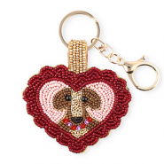 Porte-clés cœur avec chien Doré-rouge foncé doublure argenté-rose clair-marron