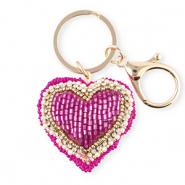 Porte-clés cœur Doré-fuchsia-blanc
