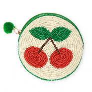 Porte monnaie rond avec cerises Blanc cassé-vert-marron-rouge