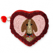 Porte monnaie cœur avec chien Doré-rouge foncé doublure argenté-rose clair-marron