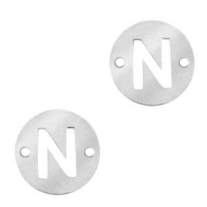 Breloques en acier inox connecteur lettre N rond 10mm Argent&eacute;