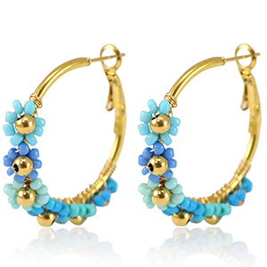 Boucles d'oreilles en acier Inox cr&eacute;oles fleur 35mm Dor&eacute;-bleu