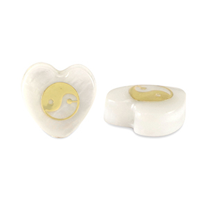 Perles en verre c&oelig;ur effet nacr&eacute; Yin & Yang Blanc-dor&eacute;
