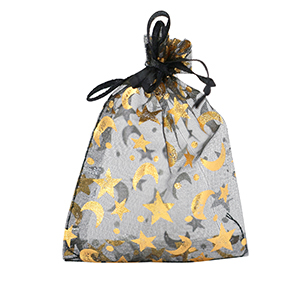 Sachet &agrave; bijoux en organza 9x12cm lune et &eacute;toile Noir-dor&eacute;