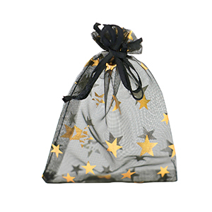 Sachet &agrave; bijoux en organza 9x12cm &eacute;toile Noir-dor&eacute;