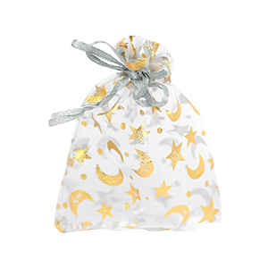 Sachet &agrave; bijoux en organza 9x12cm lune et &eacute;toile Gris clair-dor&eacute;