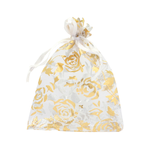 Sachet &agrave; bijoux en organza 9x12cm rose Blanc-dor&eacute;