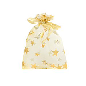 Sachet &agrave; bijoux en organza 7x9cm &eacute;toile Jaune dor&eacute;-dor&eacute;