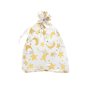Sachet &agrave; bijoux en organza 7x9cm lune et &eacute;toile Blanc-dor&eacute;