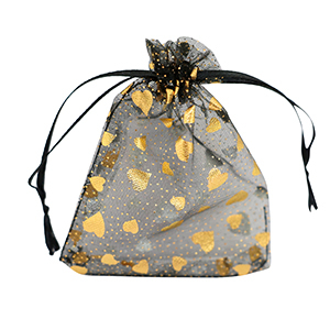 Sachet &agrave; bijoux en organza 9x12cm coeur Noir-dor&eacute;