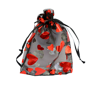 Sachet &agrave; bijoux en organza 9x12cm coeur Noir-rouge