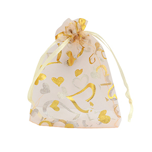 Sachet &agrave; bijoux en organza 9x12cm coeur P&ecirc;che-dor&eacute;