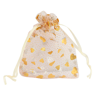 Sachet &agrave; bijoux en organza 9x12cm coeur P&ecirc;che-dor&eacute;