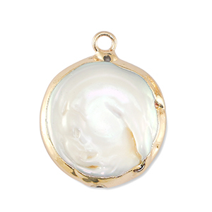 BQ Perles d'eau douce breloque rond Dor&eacute;-Blanc naturel