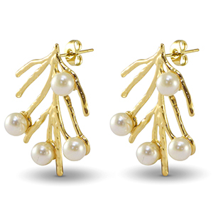 Boucles d'oreilles / puces en acier Inox algue imitations perles Dor&eacute;