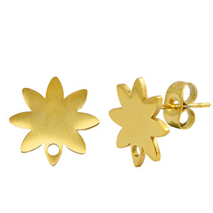 Boucles d'oreilles en acier Inox/puces d&rsquo;oreilles fleur avec anneau Dor&eacute;