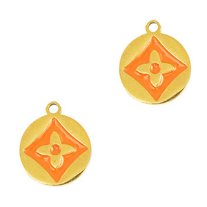Breloques en acier Inox rond fleur Dor&eacute;-orange