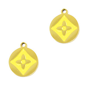 Breloques en acier Inox rond fleur Dor&eacute;-jaune