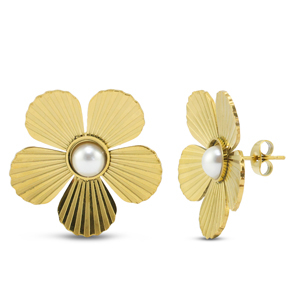 Boucles d'oreilles / puces en acier Inox fleur avec imitations perles Dor&eacute;