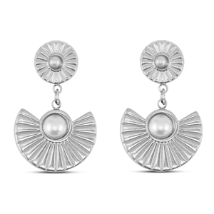 Boucles d'oreilles / puces en acier Inox &eacute;ventail avec imitations perles Argent&eacute;