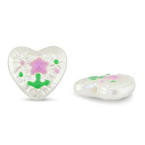 Perles acryliques coeur avec fleur Perle-lilas rose-vert
