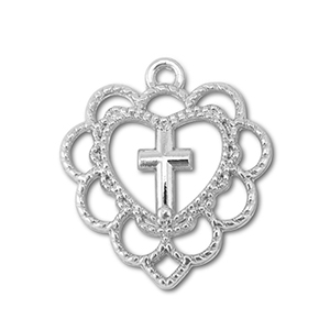 Breloques en m&eacute;tal coeur avec croix Argent&eacute;