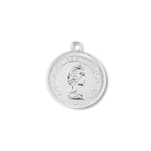 Breloques en m&eacute;tal rond avec la Reine Elizabeth Argent&eacute;