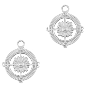 Breloques en acier Inox boussole avec fleur Argent&eacute;