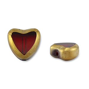 Perles en verre coeur Rouge transparent-dor&eacute;