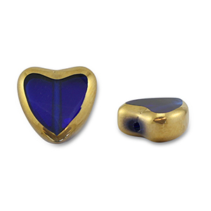 Perles en verre coeur Bleu transparent-dor&eacute;