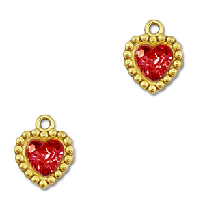 Breloques en acier Inox zirconium coeur Dor&eacute;-Rouge